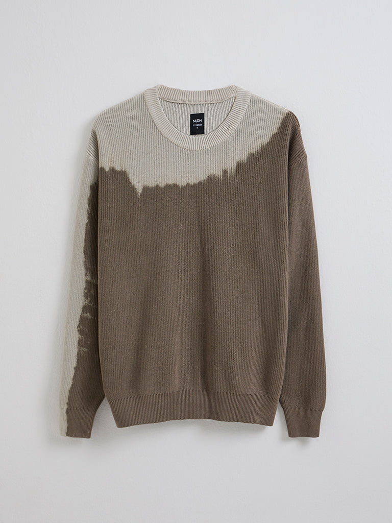 Nuon Taupe Knit-Textured Relaxed-Fit Sweater