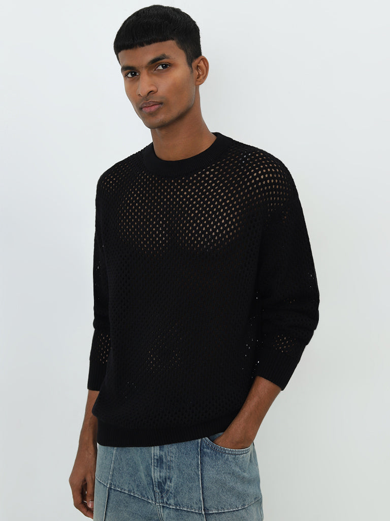 Nuon Black Knit-Textured Relaxed-Fit Cotton Sweater