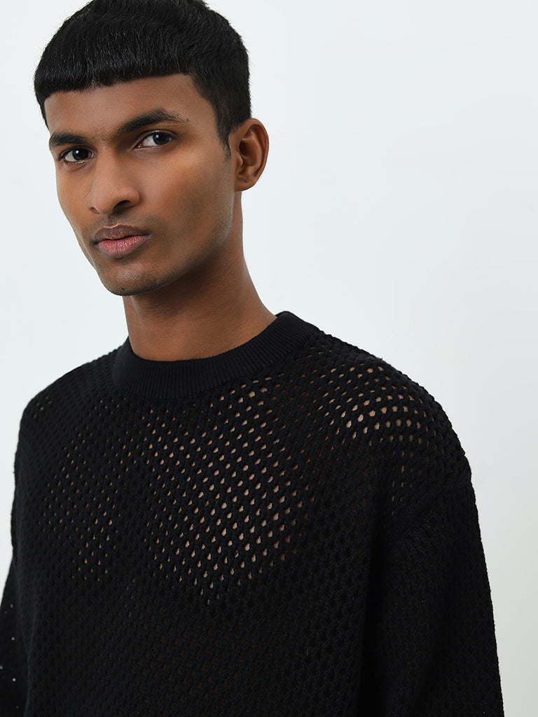 Nuon Black Knit-Textured Relaxed-Fit Cotton Sweater