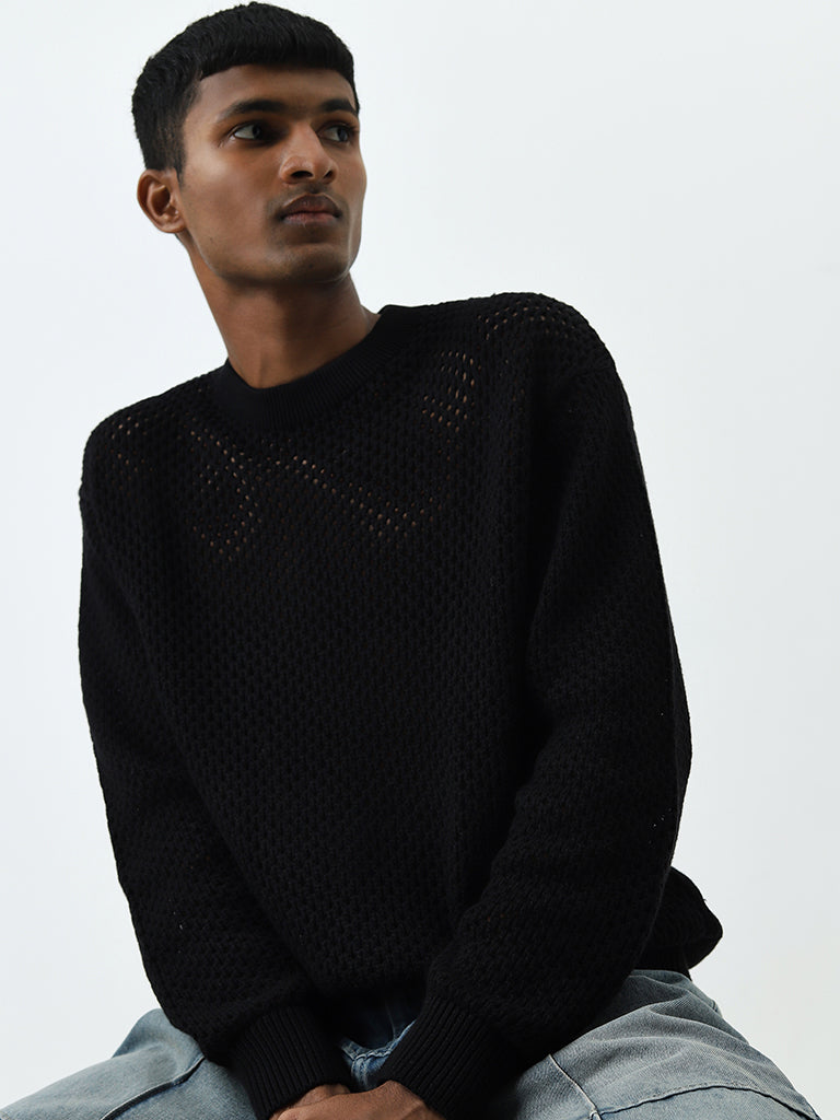 Nuon Black Knit-Textured Relaxed-Fit Cotton Sweater