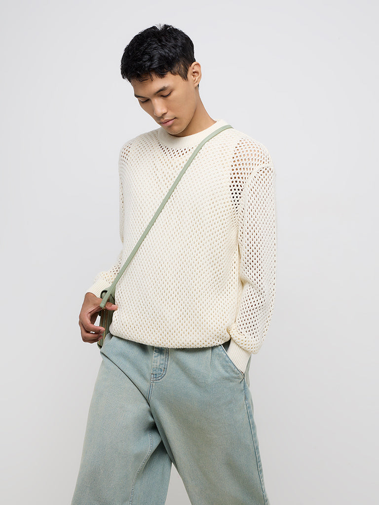 Nuon Off-White Crochet Relaxed-Fit Cotton Sweater