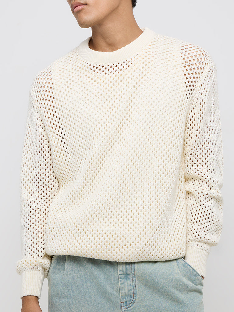 Nuon Off-White Crochet Relaxed-Fit Cotton Sweater