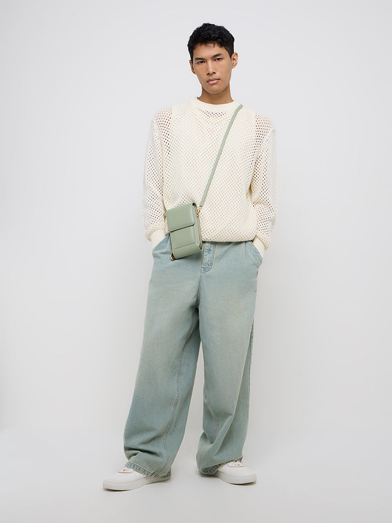 Nuon Off-White Crochet Relaxed-Fit Cotton Sweater