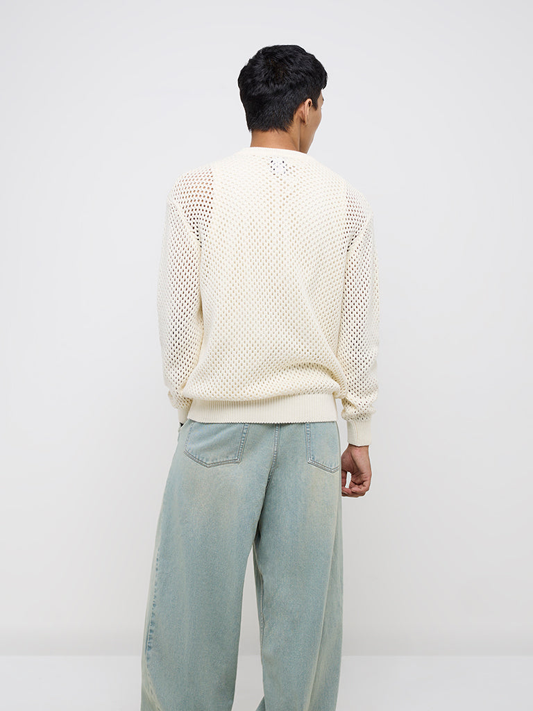 Nuon Off-White Crochet Relaxed-Fit Cotton Sweater