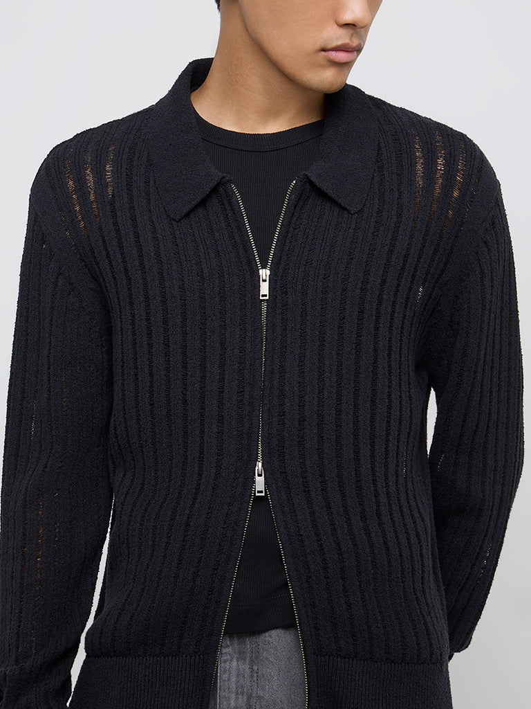 Nuon Black Self-Striped Slim-Fit Jacket