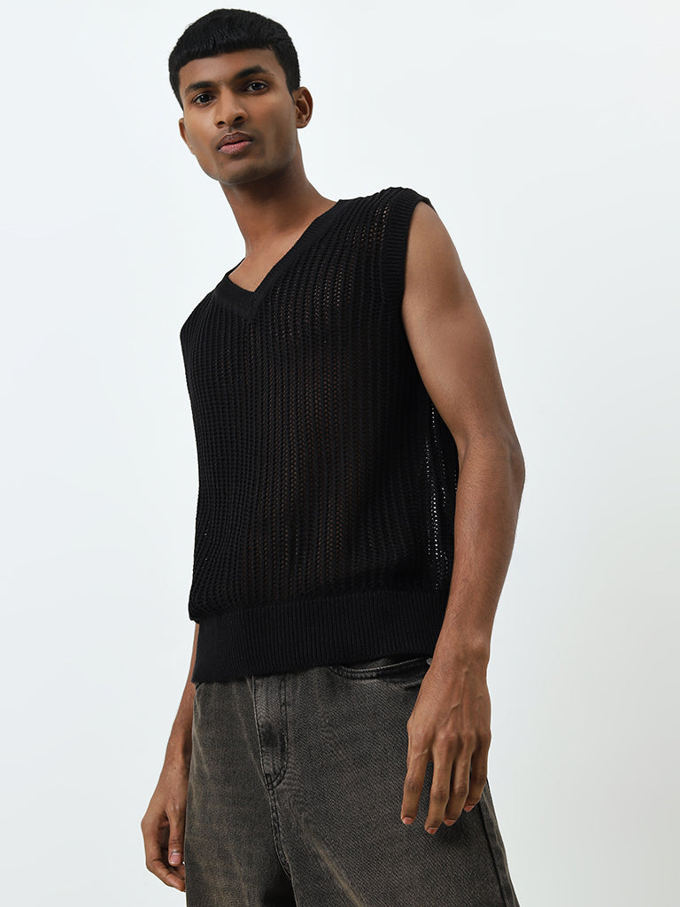 Nuon Black Knit-Textured Relaxed-Fit T-Shirt