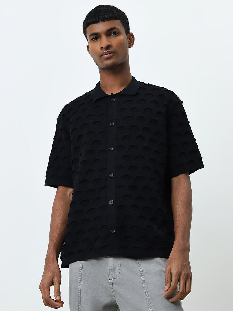 Nuon Black Scallop Design Relaxed-Fit Cotton Shirt