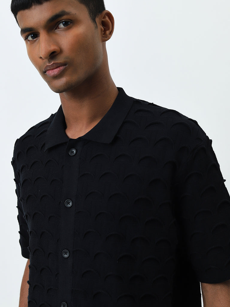 Nuon Black Scallop Design Relaxed-Fit Cotton Shirt