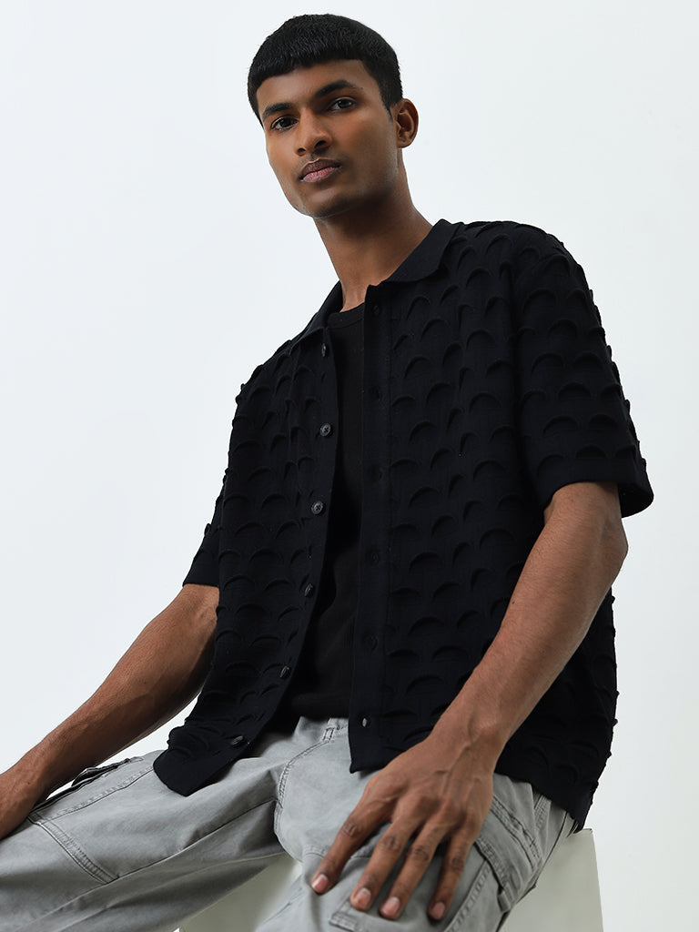 Nuon Black Scallop Design Relaxed-Fit Cotton Shirt