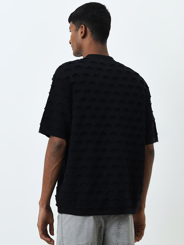 Nuon Black Scallop Design Relaxed-Fit Cotton Shirt