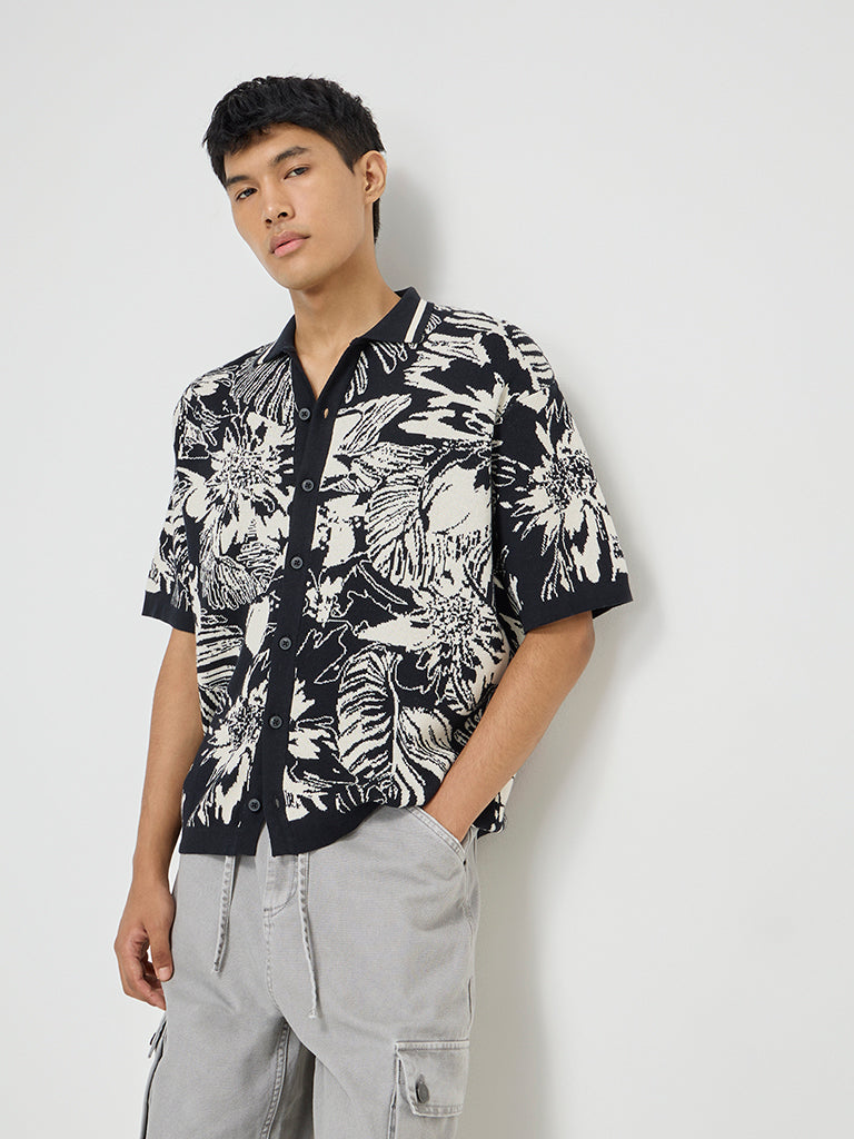 Nuon Black Floral Design Relaxed-Fit Cotton Shirt