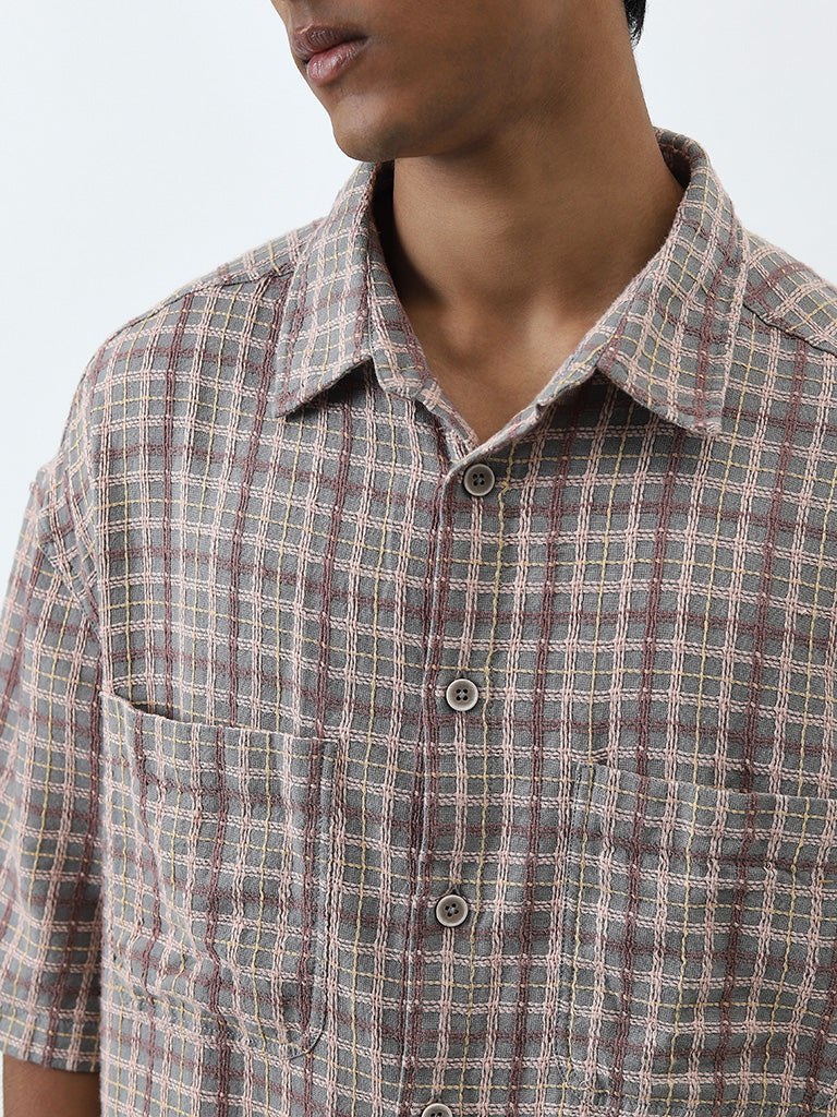 Nuon Beige Checkered Relaxed-Fit Cotton Shirt