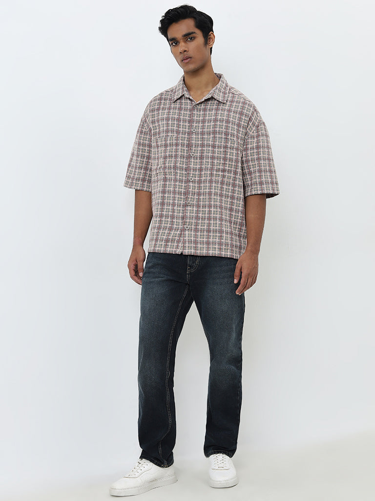 Nuon Beige Checkered Relaxed-Fit Cotton Shirt