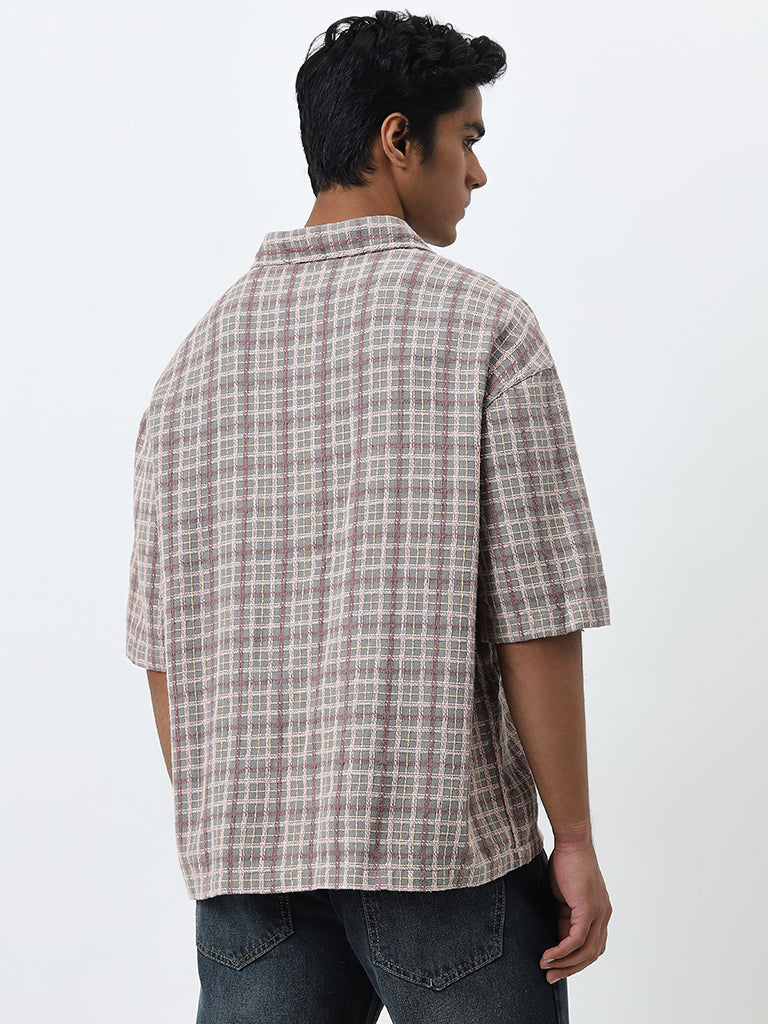 Nuon Beige Checkered Relaxed-Fit Cotton Shirt