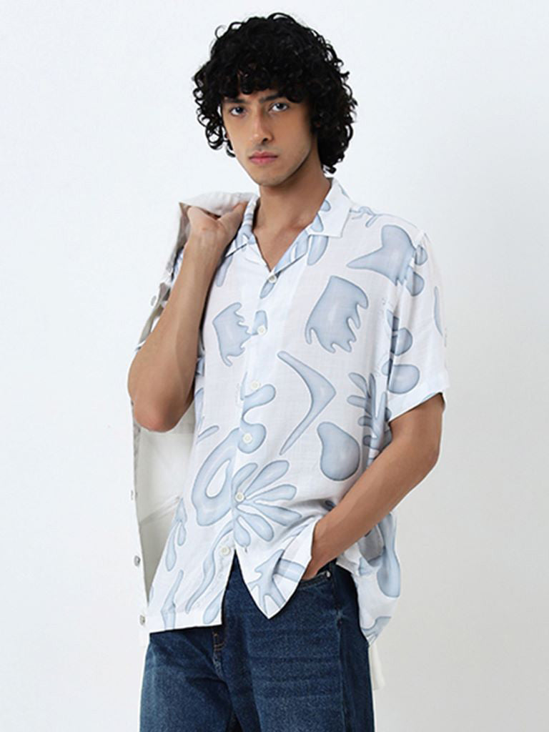 Nuon White Printed Relaxed-Fit Cotton Shirt