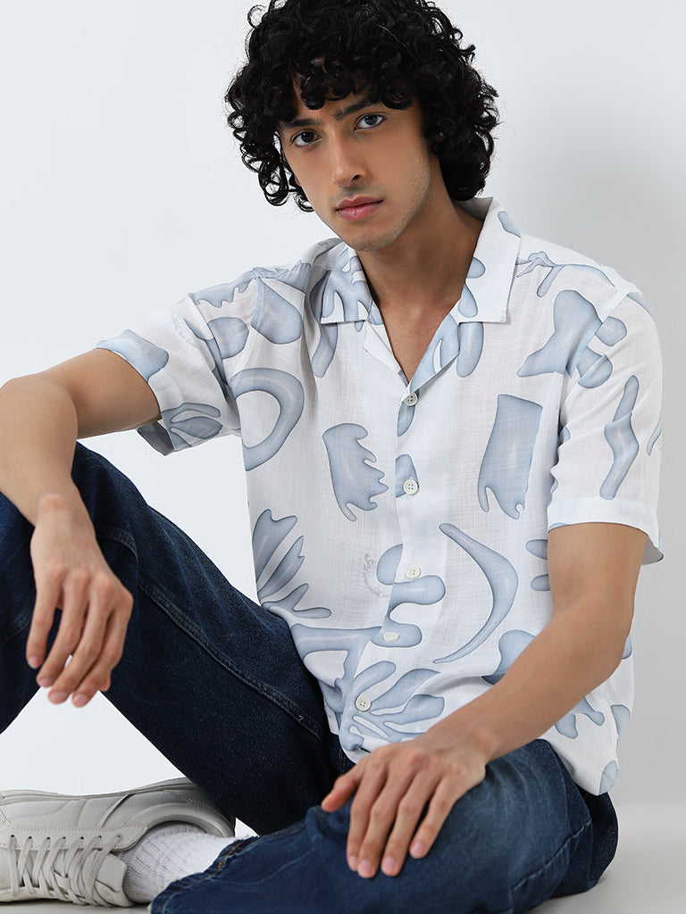 Nuon White Printed Relaxed-Fit Cotton Shirt