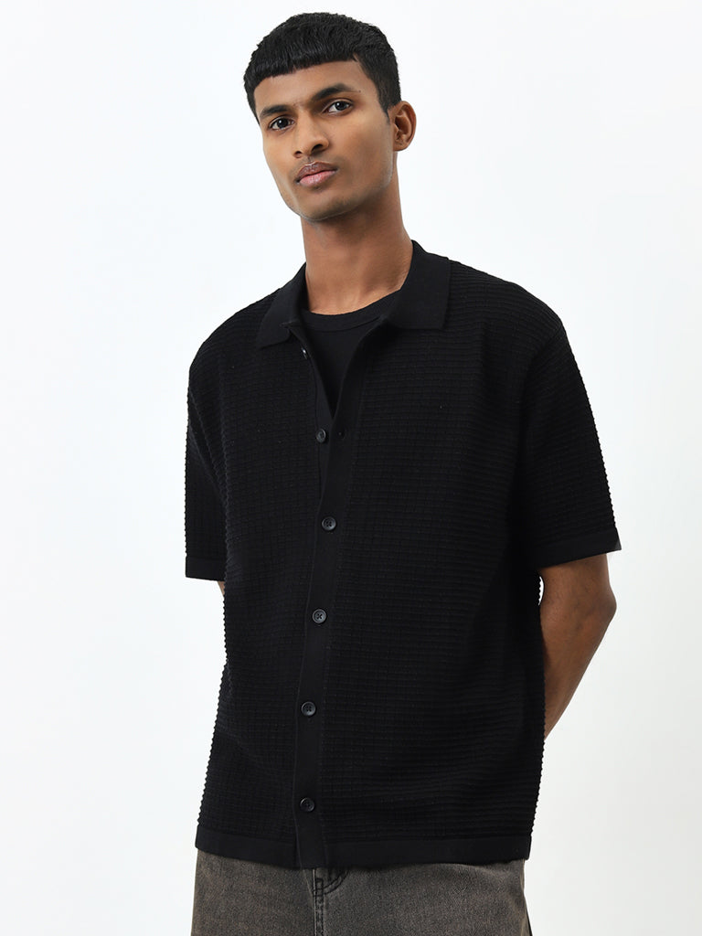 Nuon Black Self-Striped Relaxed-Fit Cotton Shirt