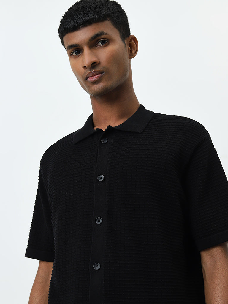 Nuon Black Self-Striped Relaxed-Fit Cotton Shirt