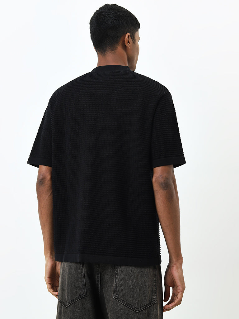 Nuon Black Self-Striped Relaxed-Fit Cotton Shirt