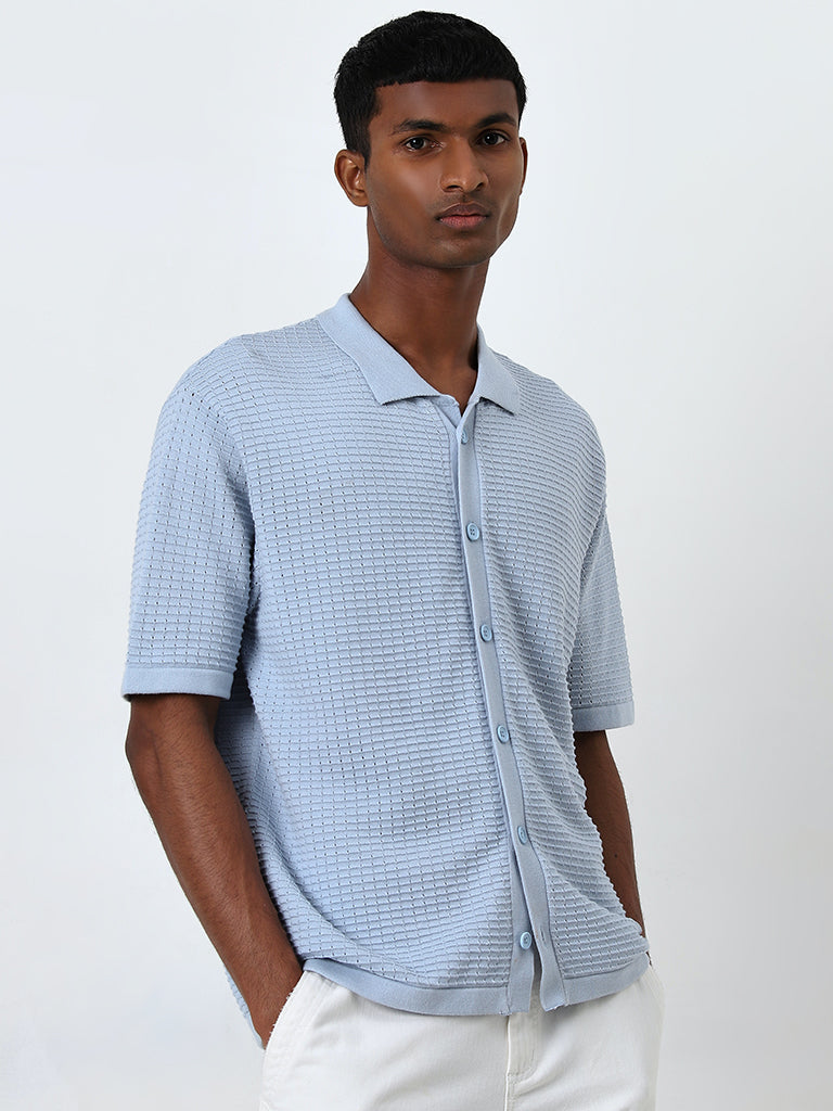 Nuon Dusty Blue Self-Textured Relaxed-Fit Cotton Shirt