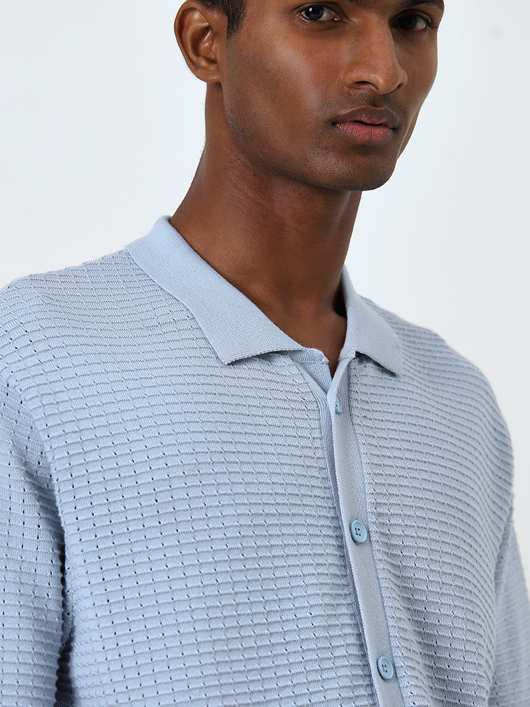 Nuon Dusty Blue Self-Textured Relaxed-Fit Cotton Shirt