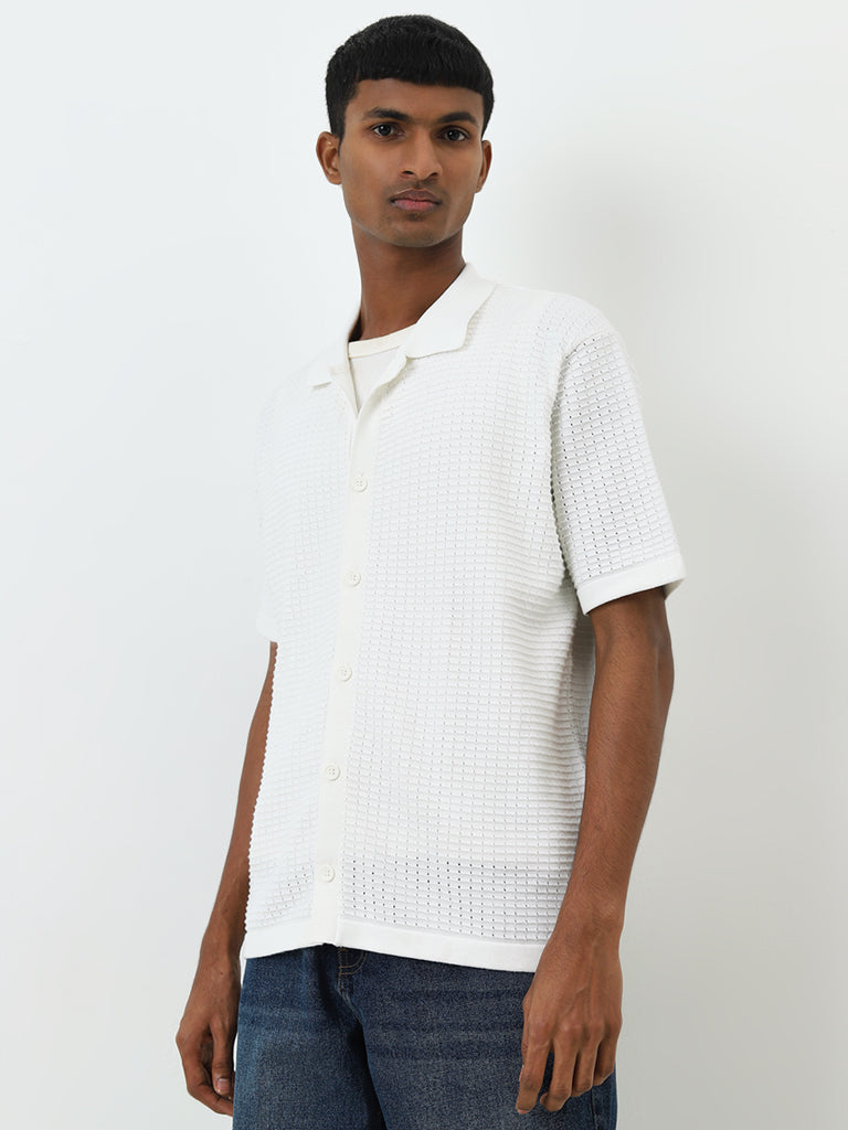 Nuon Off-White Self-Textured Relaxed-Fit Cotton Shirt