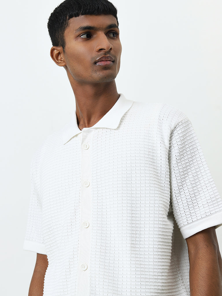 Nuon Off-White Self-Textured Relaxed-Fit Cotton Shirt