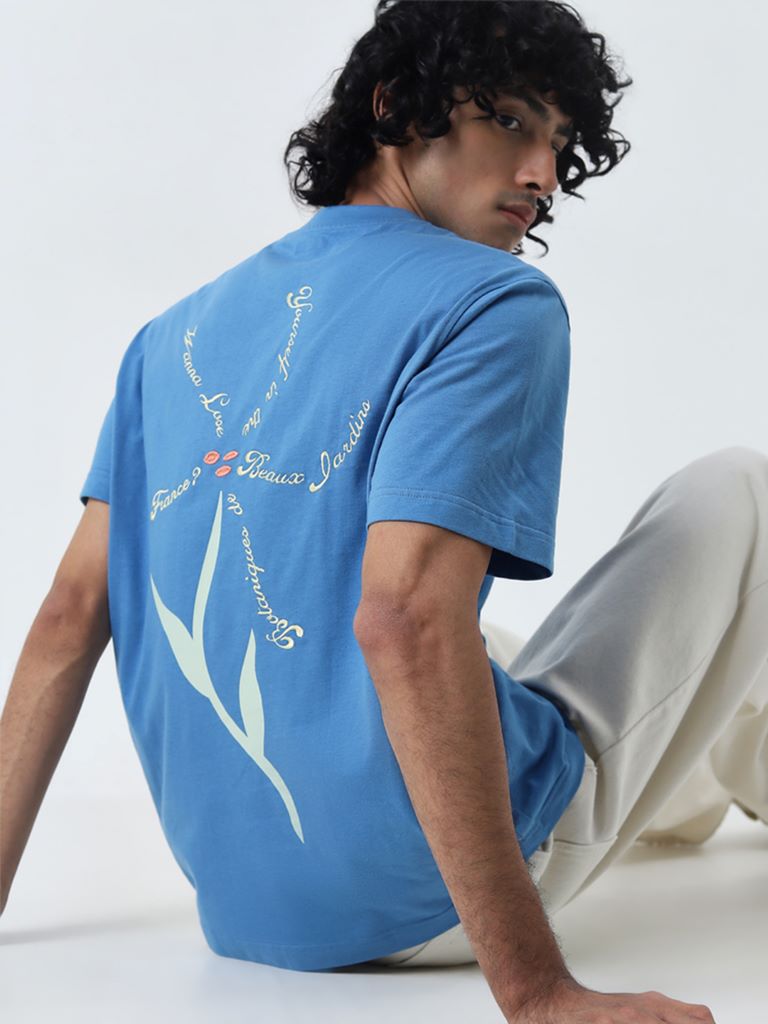 Nuon Blue Text Design Relaxed-Fit Cotton T-Shirt