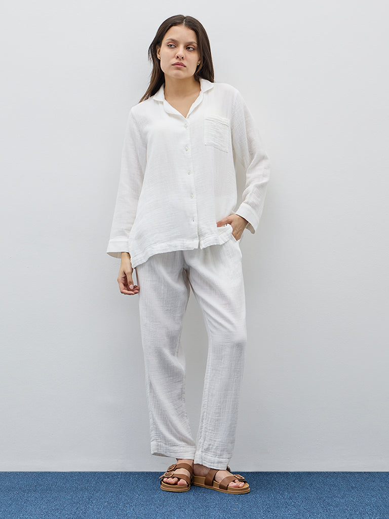 Wunderlove White Textured Cotton Shirt and Pyjamas Set