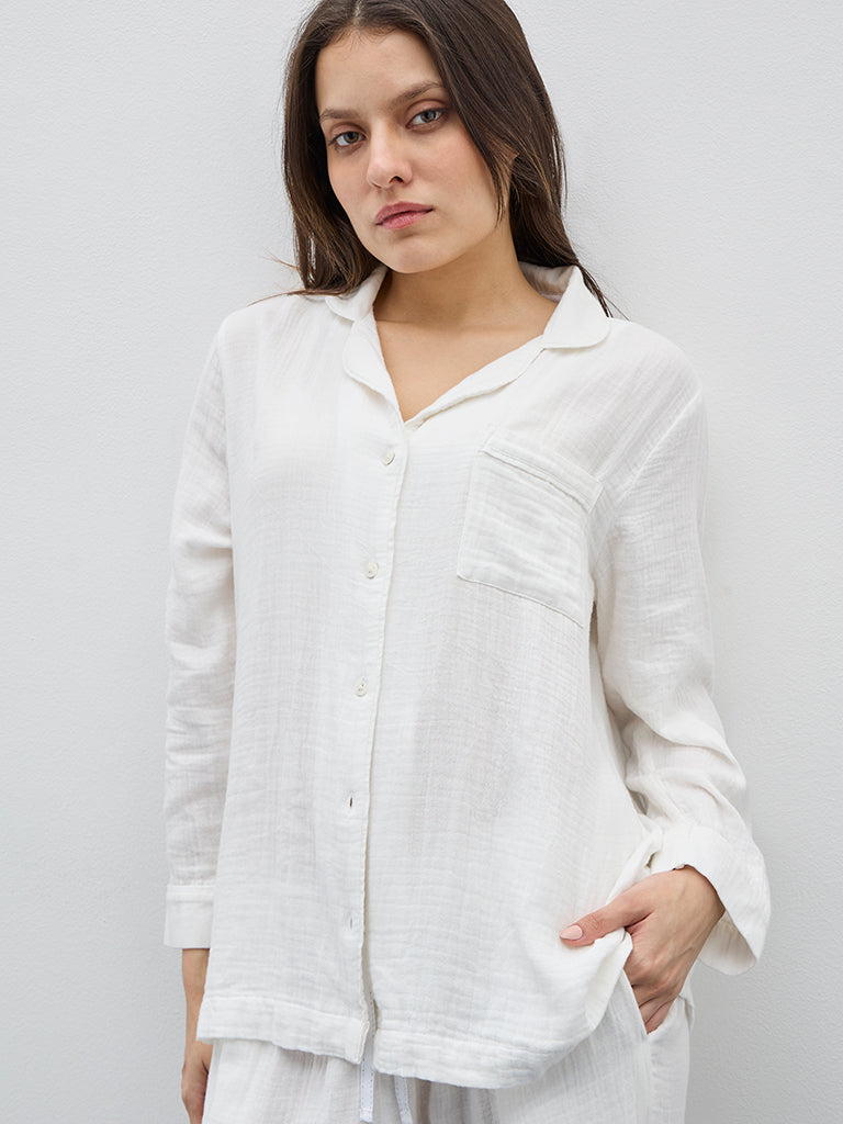 Wunderlove White Textured Cotton Shirt and Pyjamas Set