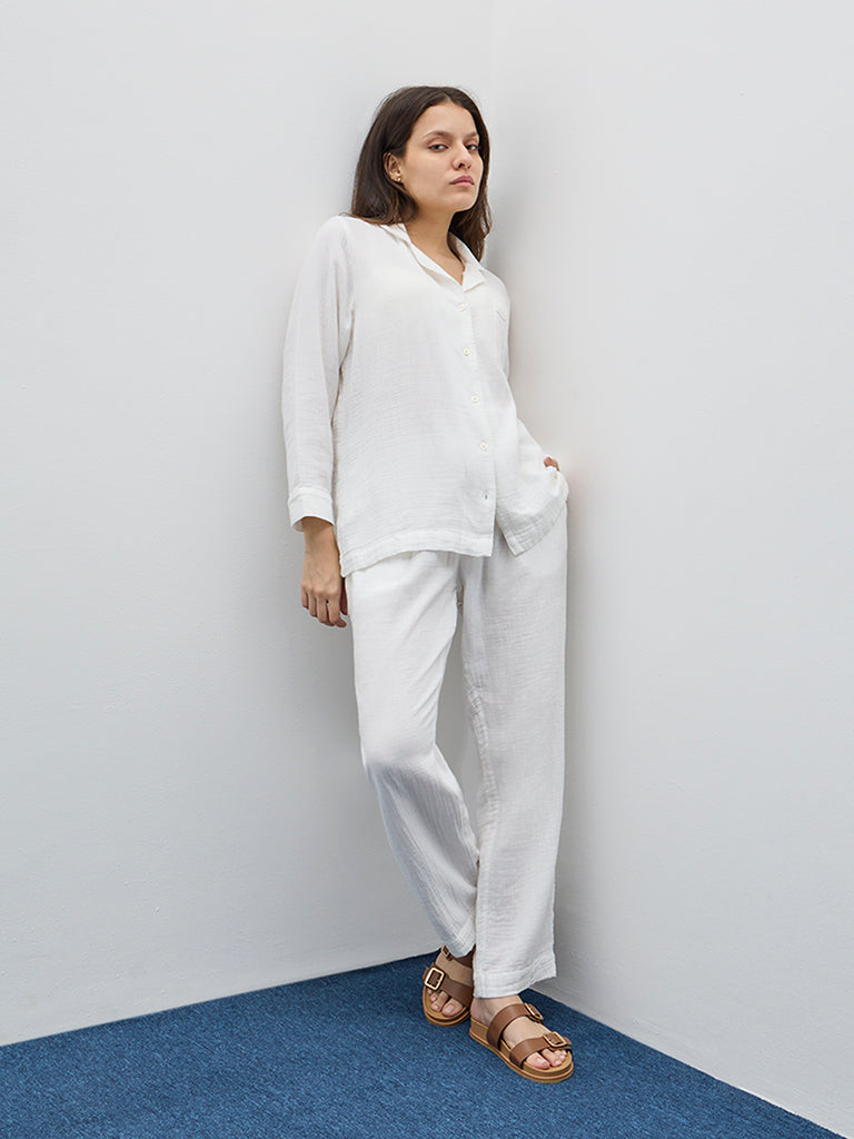 Wunderlove White Textured Cotton Shirt and Pyjamas Set