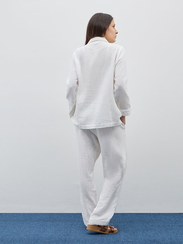 Wunderlove White Textured Cotton Shirt and Pyjamas Set