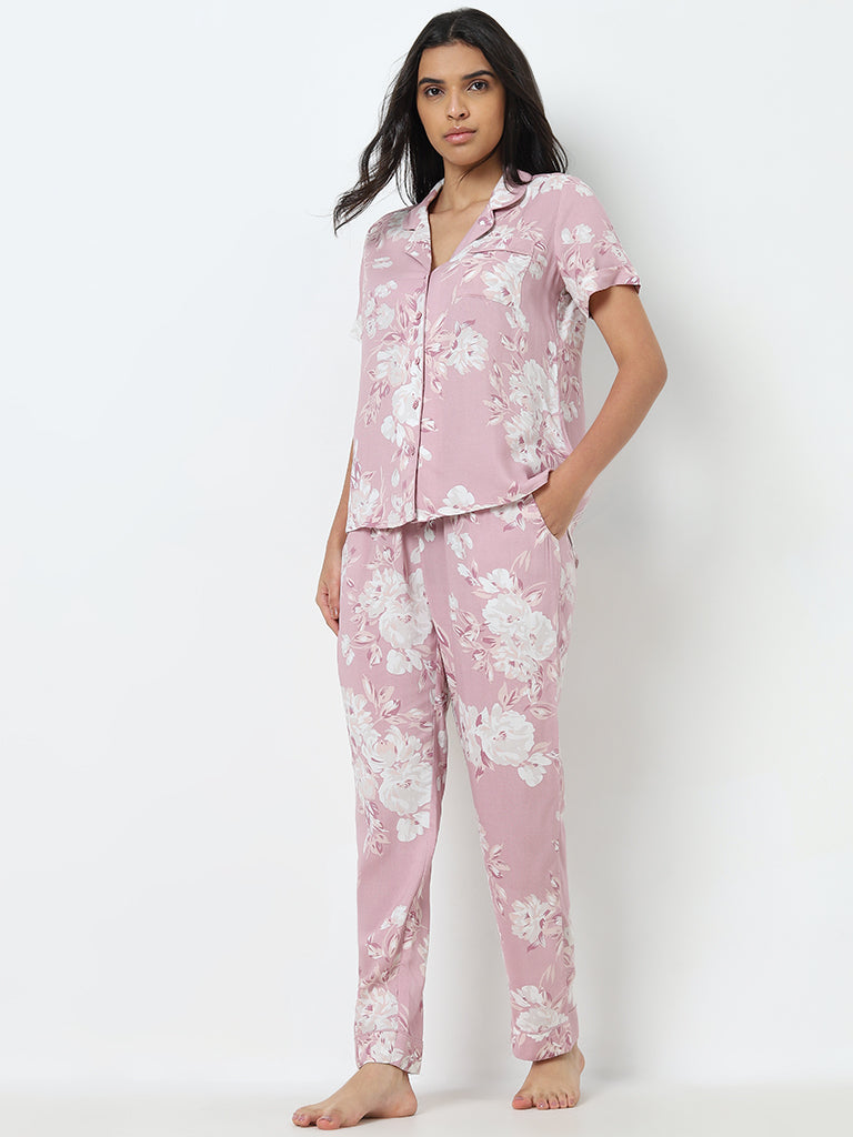 Wunderlove Pink Floral Printed Shirt and Pyjamas Set