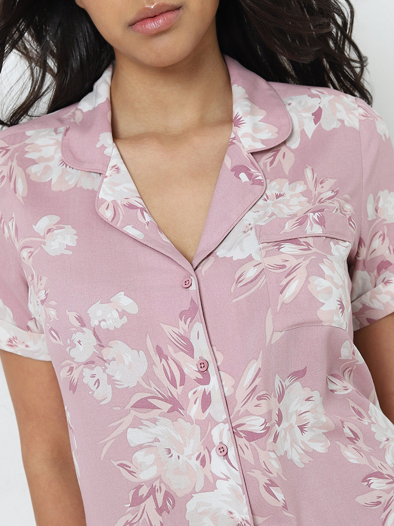 Wunderlove Pink Floral Printed Shirt and Pyjamas Set