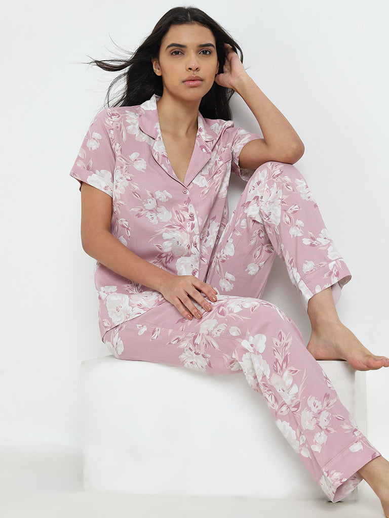 Wunderlove Pink Floral Printed Shirt and Pyjamas Set