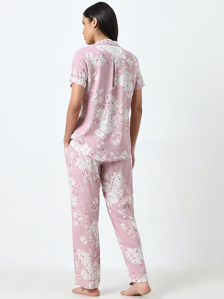 Wunderlove Pink Floral Printed Shirt and Pyjamas Set