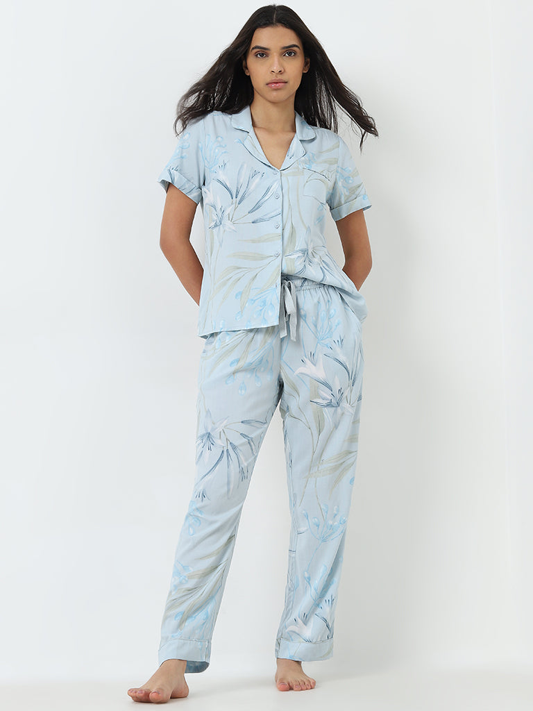 Wunderlove Light Blue Floral Shirt and Pyjamas Set