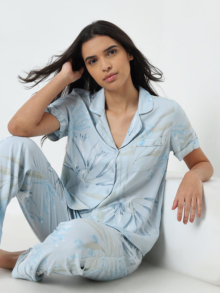 Wunderlove Light Blue Floral Shirt and Pyjamas Set