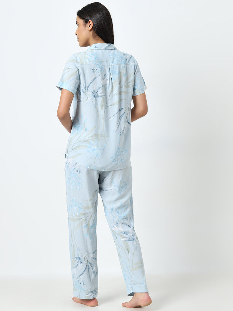 Wunderlove Light Blue Floral Shirt and Pyjamas Set