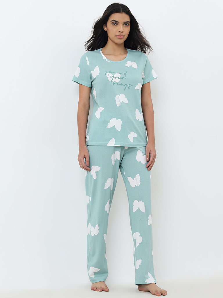 Wunderlove Sage Printed Cotton Pyjamas Set In A Bag