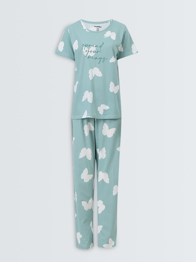 Wunderlove Sage Printed Cotton Pyjamas Set In A Bag