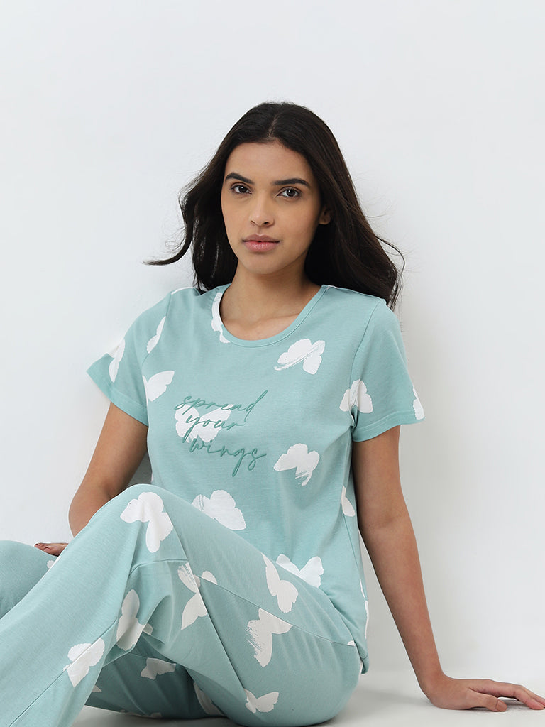 Wunderlove Sage Printed Cotton Pyjamas Set In A Bag