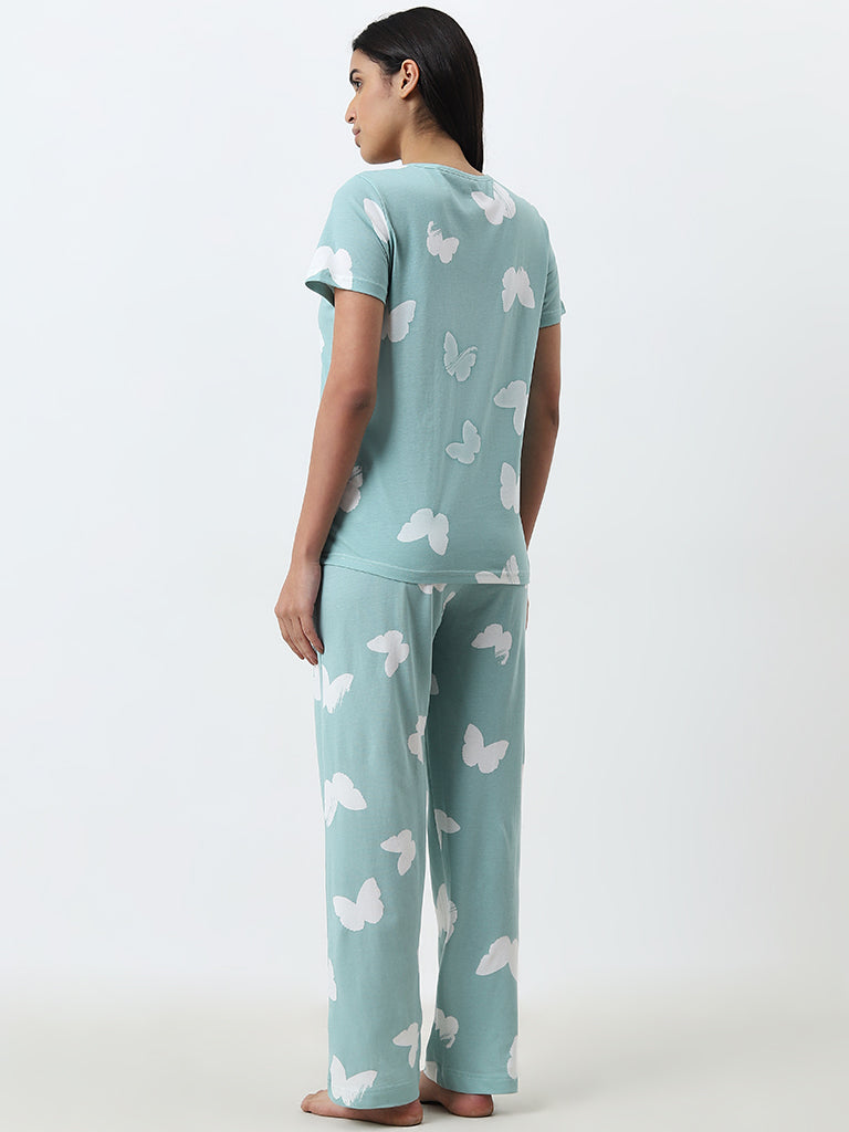 Wunderlove Sage Printed Cotton Pyjamas Set In A Bag