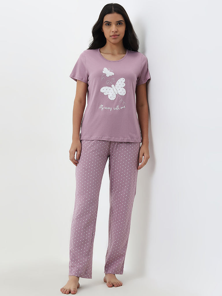 Wunderlove Pink Dots Printed Cotton Pyjamas Set In A Bag