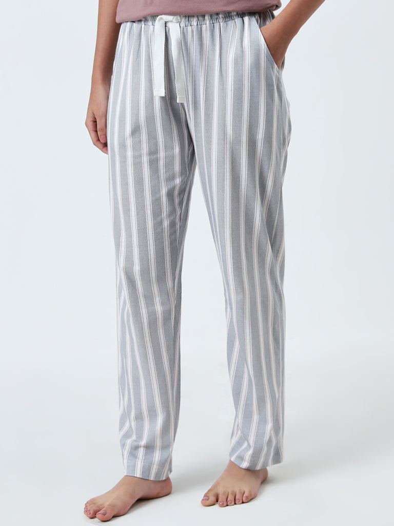 Wunderlove Grey Striped High-Rise Cotton Lounge Pants