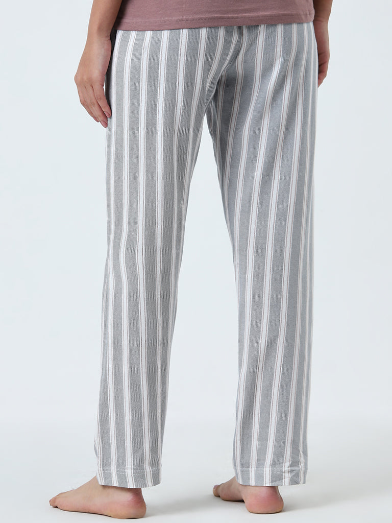 Wunderlove Grey Striped High-Rise Cotton Lounge Pants