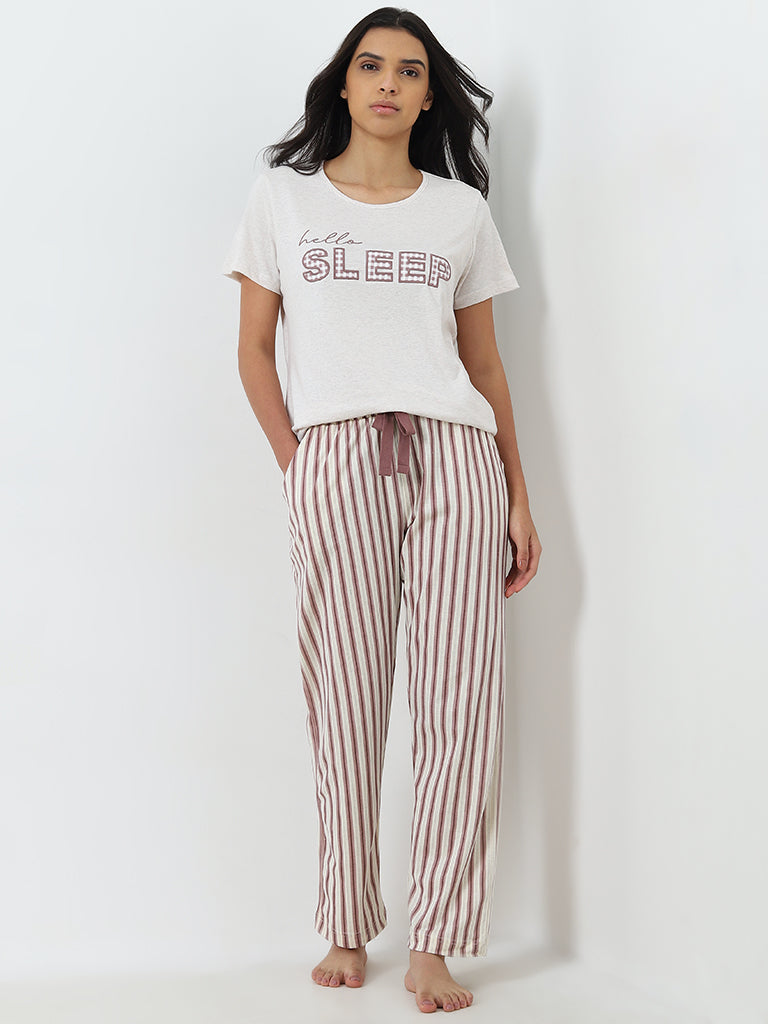 Wunderlove Off-White Striped Mid-Rise Cotton Lounge Pants