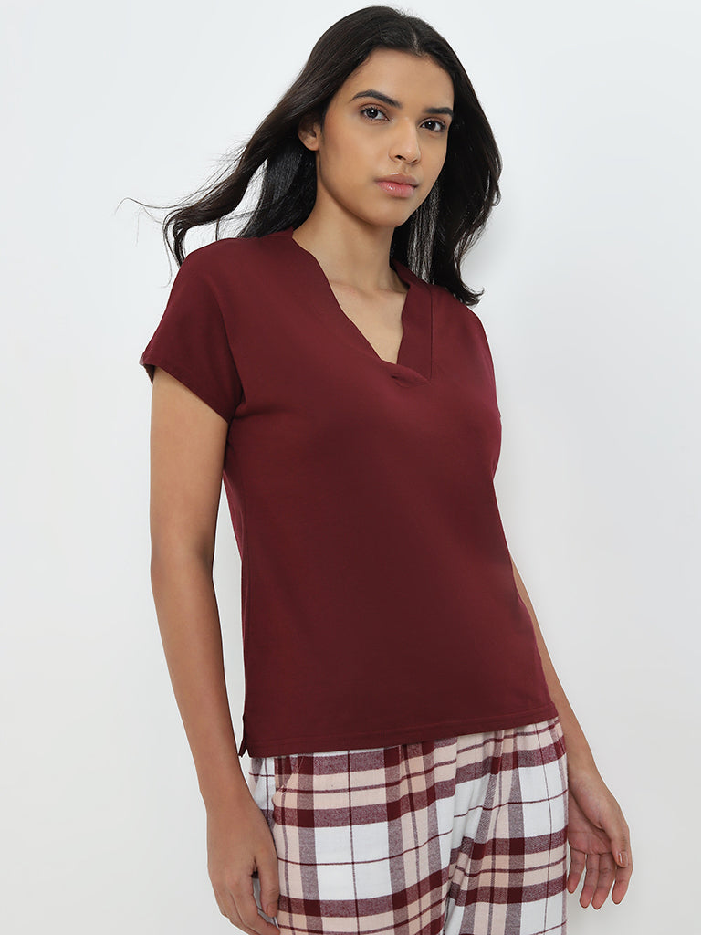 Wunderlove Burgundy V-Neck Cotton Blend Top