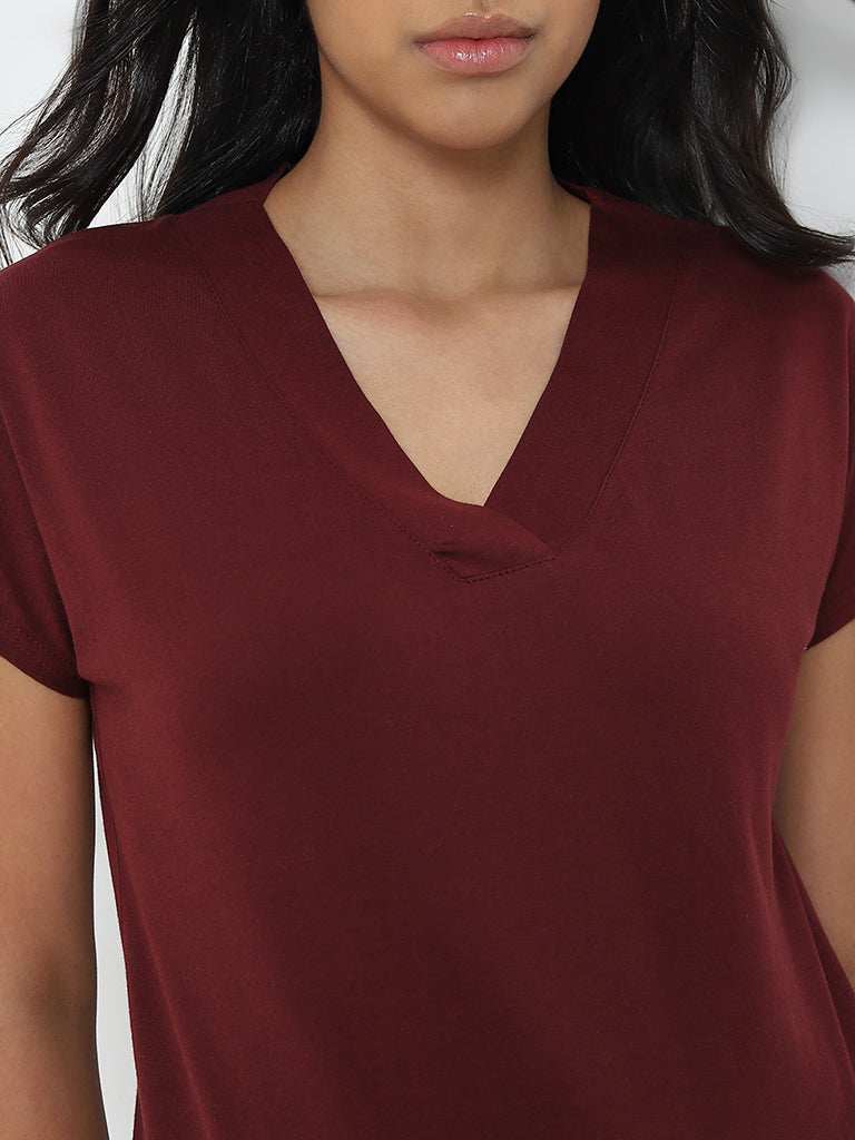 Wunderlove Burgundy V-Neck Cotton Blend Top