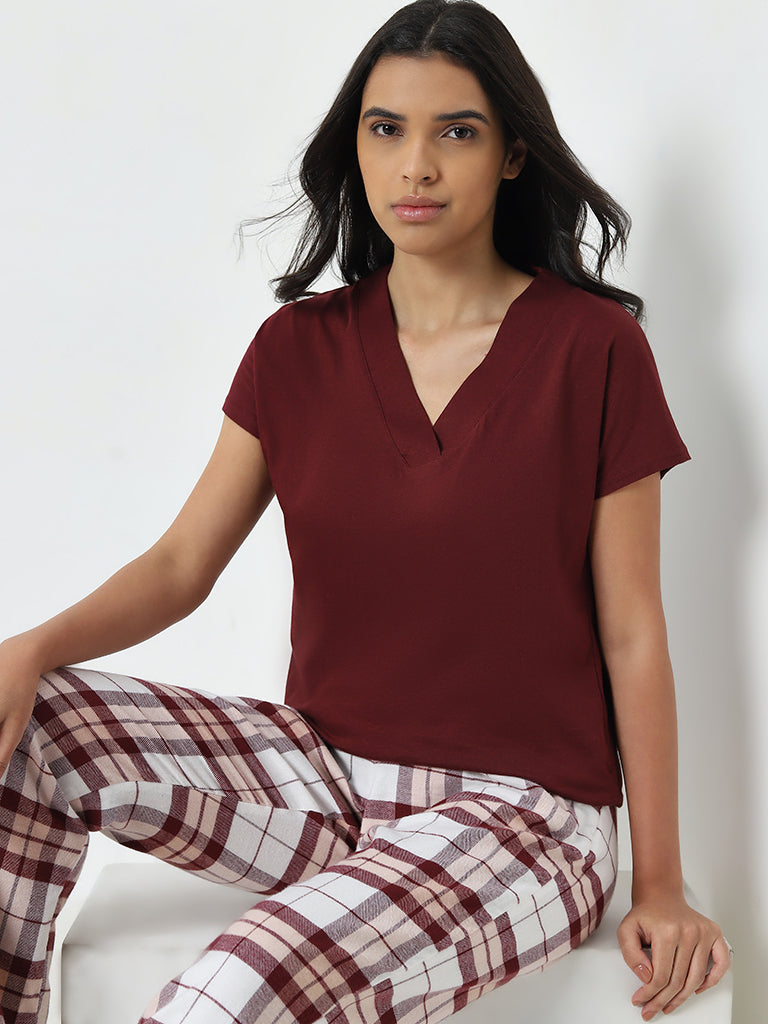 Wunderlove Burgundy V-Neck Cotton Blend Top